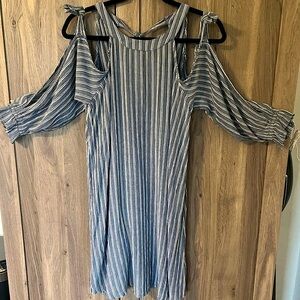 AEO Strappy Cold Shoulder Striped Summer Dress with Tie Sleeves, Small